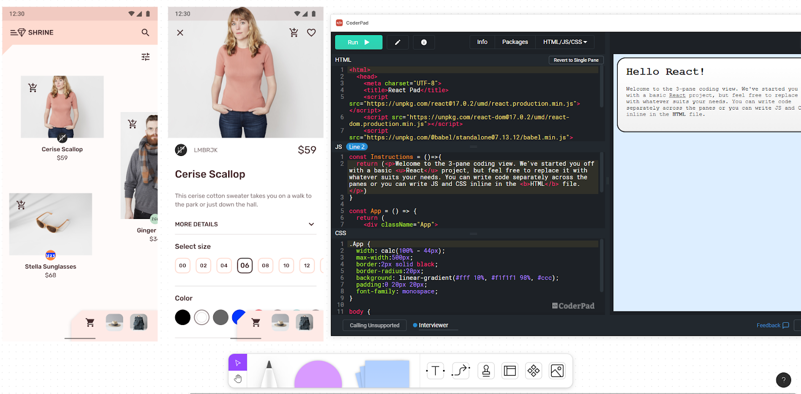 A UI mockup next to the CoderPad Widget in FigJam