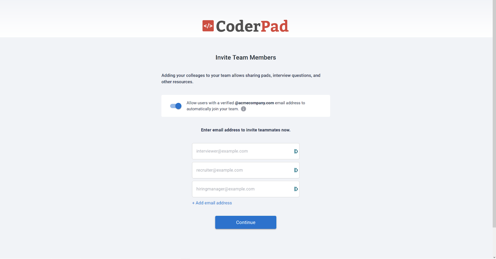 The second invite team members page where you can add teammates as long as they have a valid domain email.