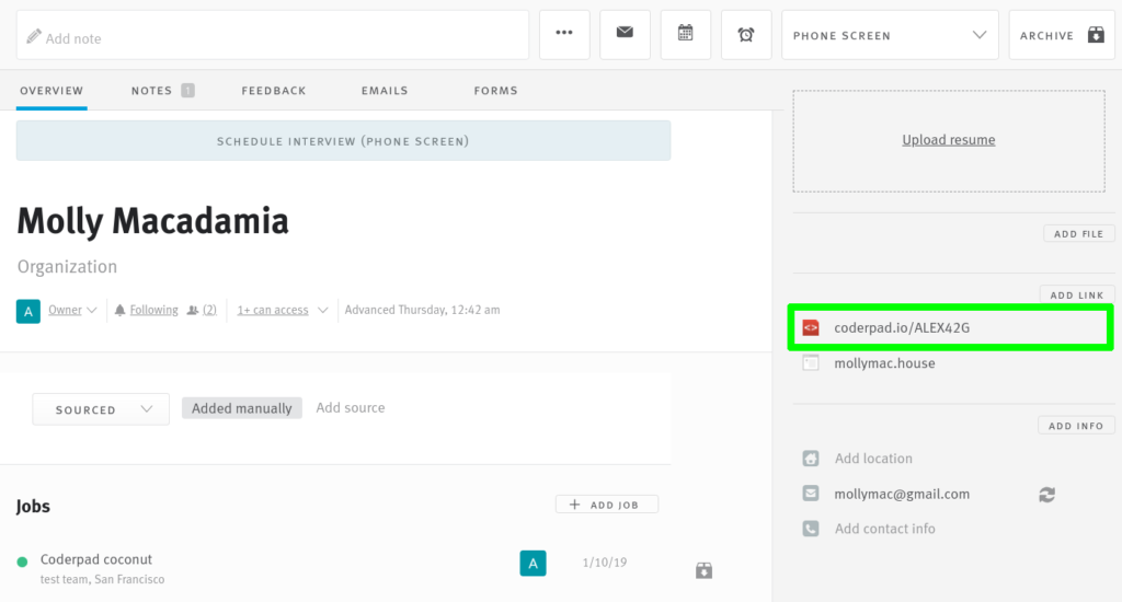 Lever candidate page with coderpad live pad link highlighted on the right.