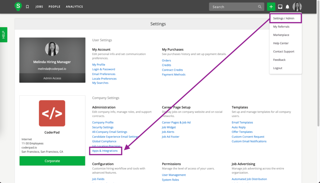 Smartrecruiters dashboard with the "Settings/admin" selection in the profile menu highlighted and the settings page displayed. On the settings page an arrow points to "apps and integrations" under the Administration section.