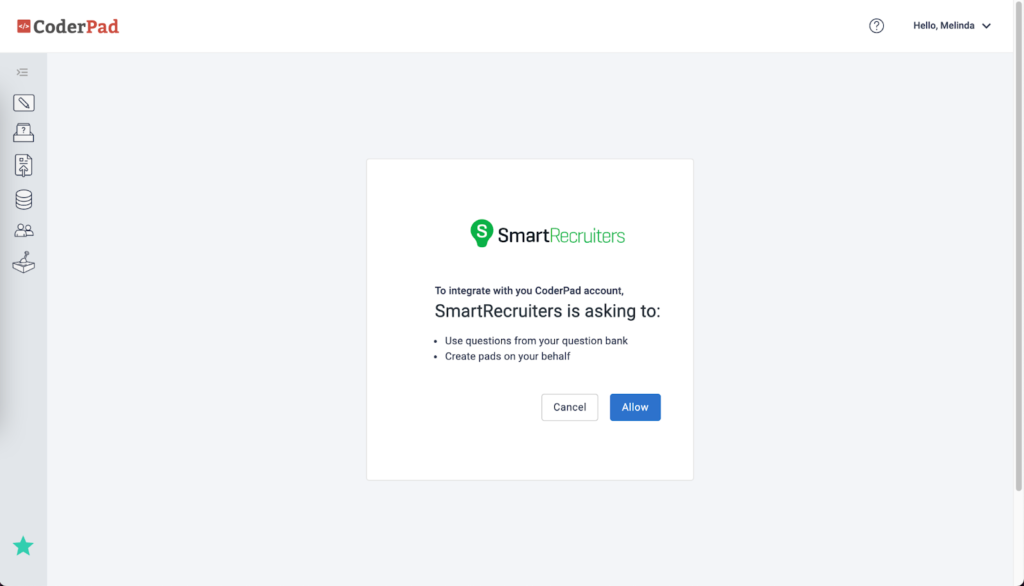 On the coderpad integration page for smart recruiters the permissions window is shown with the options to "cancel" or "allow"