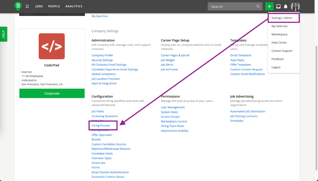 Smartrecruiters dashboard with the "Settings/admin" selection in the profile menu highlighted and the settings page displayed. On the settings page an arrow points to "hiring process" under the configuration section.