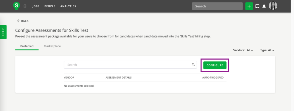 The "configure assessments for skills test" page is open, the preferred tab is selected, and the "configure" button is highlighted. 