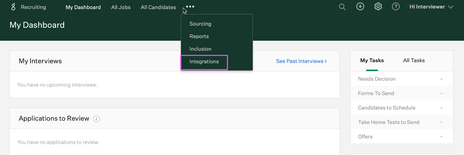 On the greenhouse dashboard the ellipses horizontal menu item is selected and the integrations item is highlighted.
