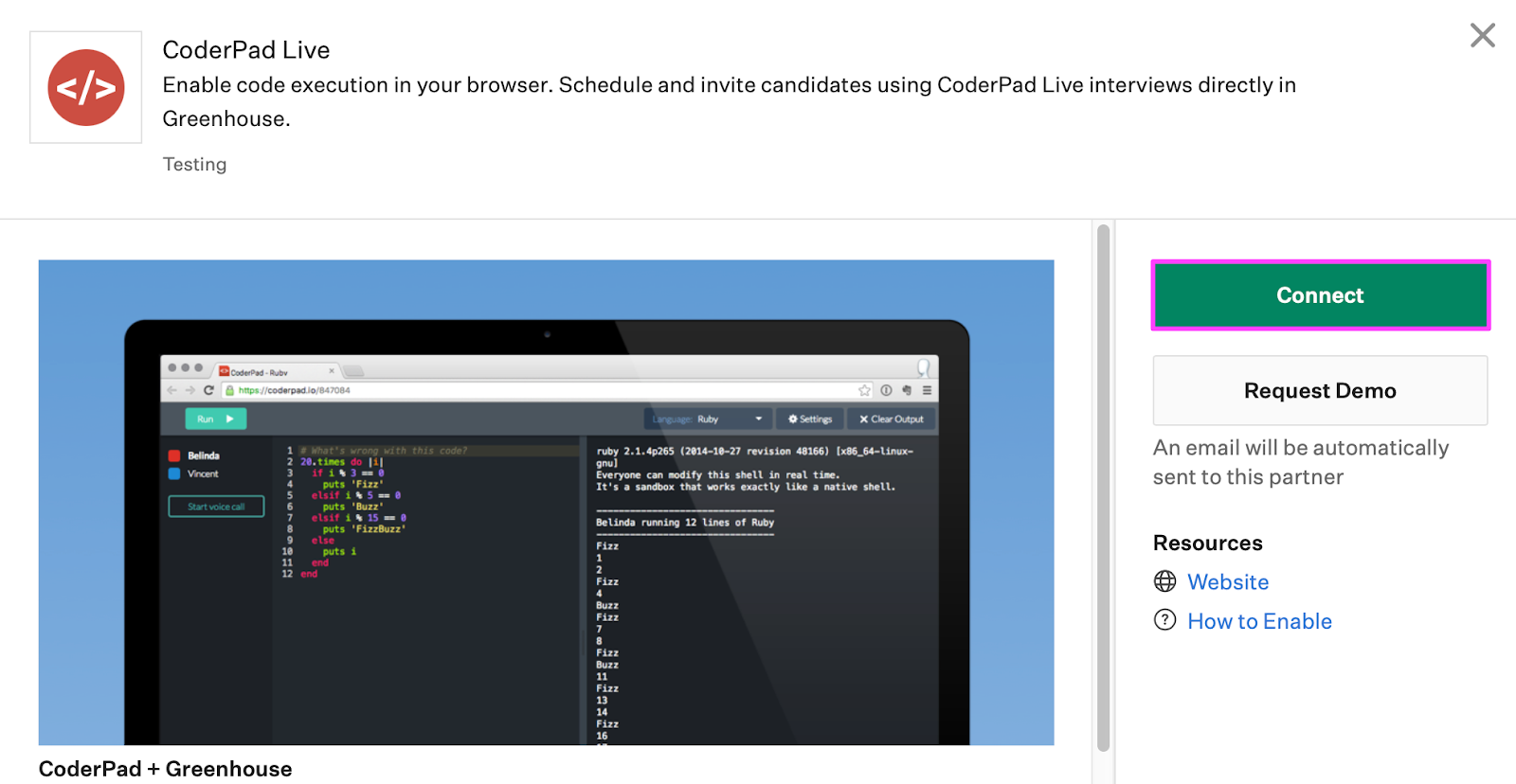 The coderpad live integration page is shown and the "connect" button on the right of the screen is highlighted.