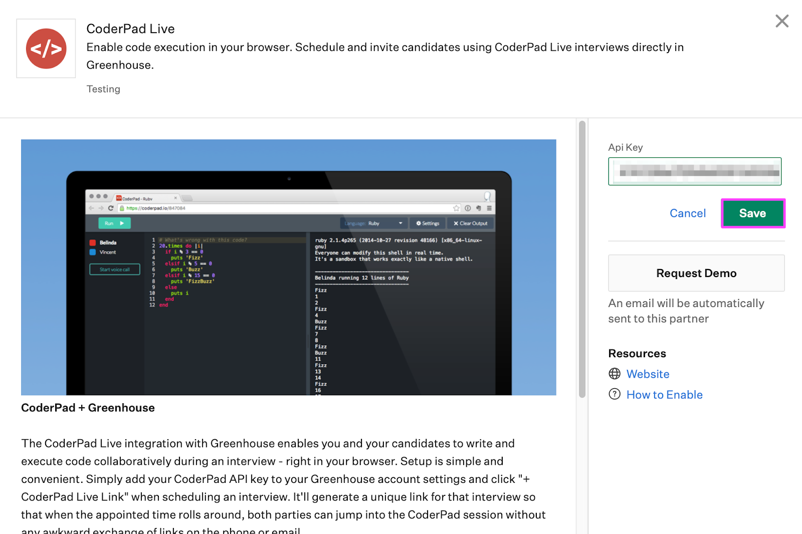 The coderpad live integration page is shown and the API key has been entered in the key field. The save button on the right is highlighted.