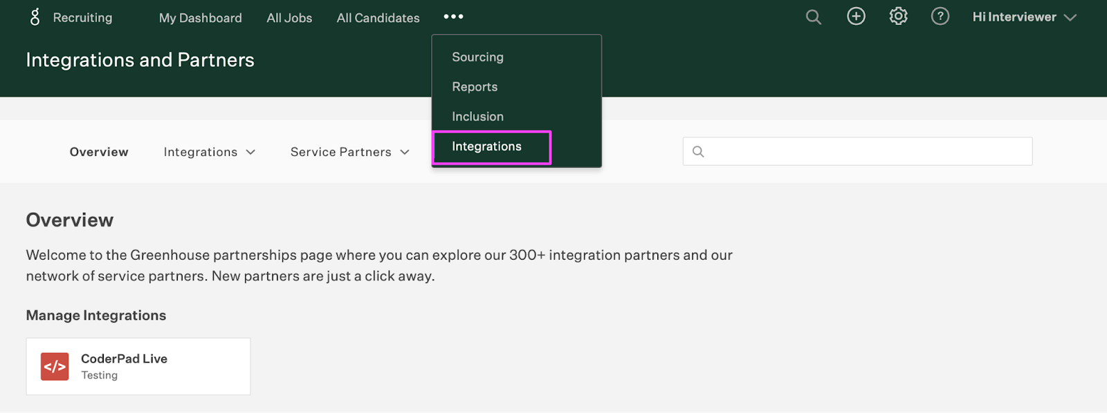 On the greenhouse dashboard the ellipses horizontal menu item is selected and the integrations item is highlighted.