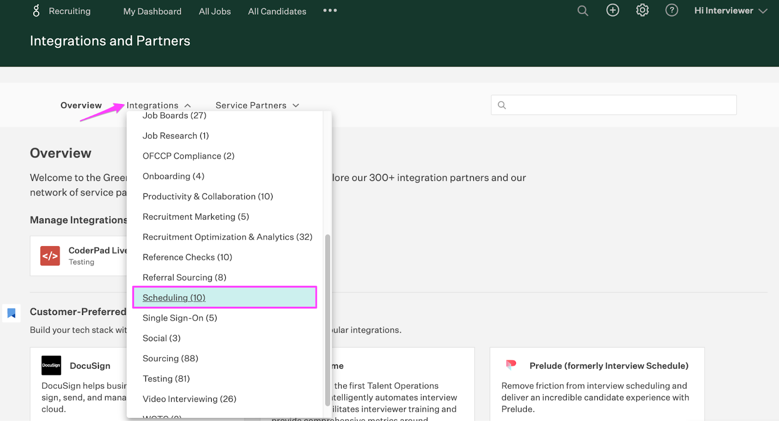 On the integrations and partners page the integrations drop down has been entered and the "Scheduling" item is highlighted.