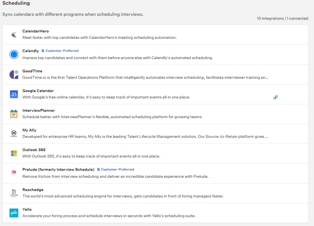 A list of scheduling integrations is shown.