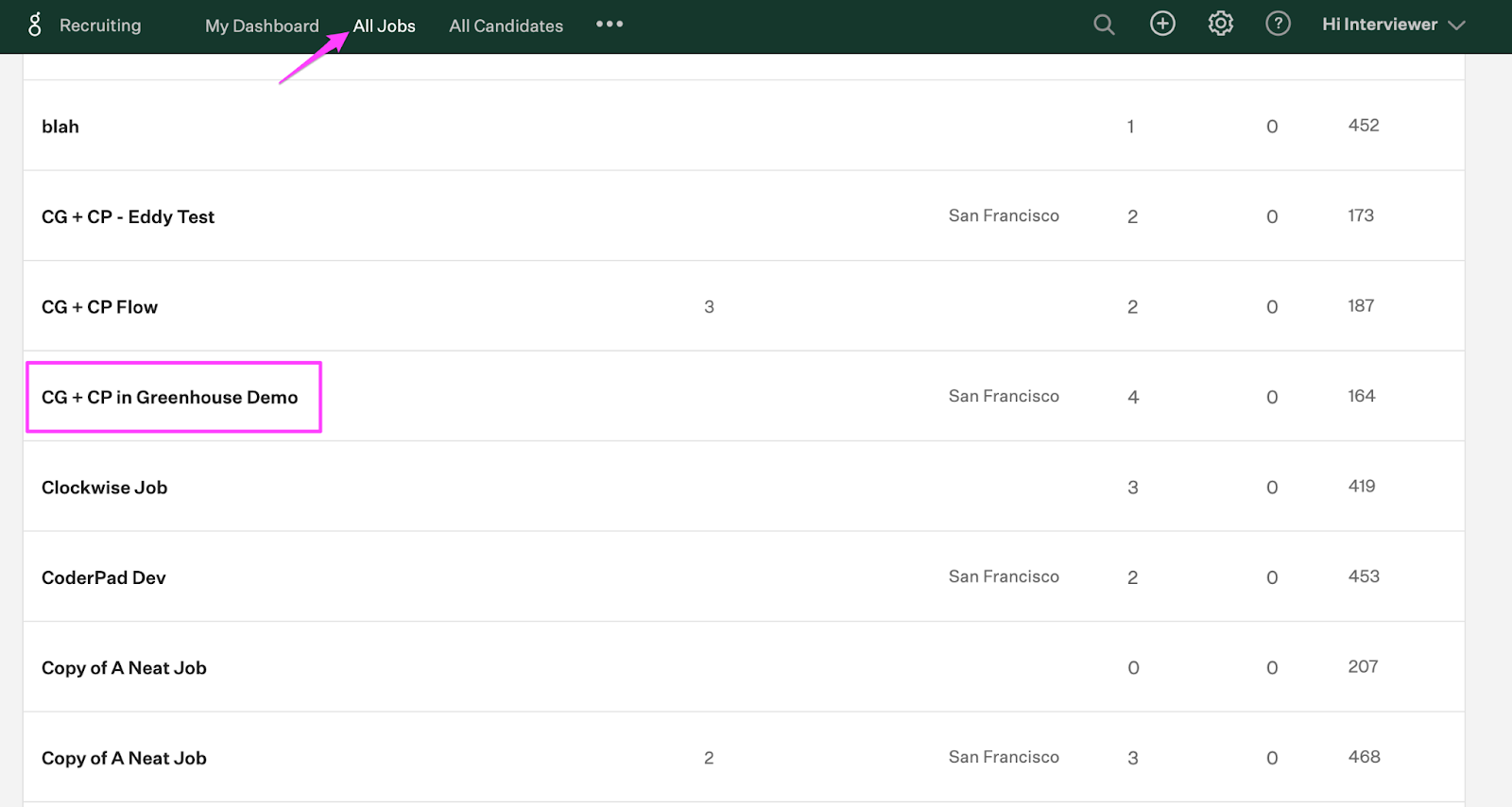 The "All jobs" tab at the top of the dashboard is highlighted. On the page is a list of jobs and one is highlighted.