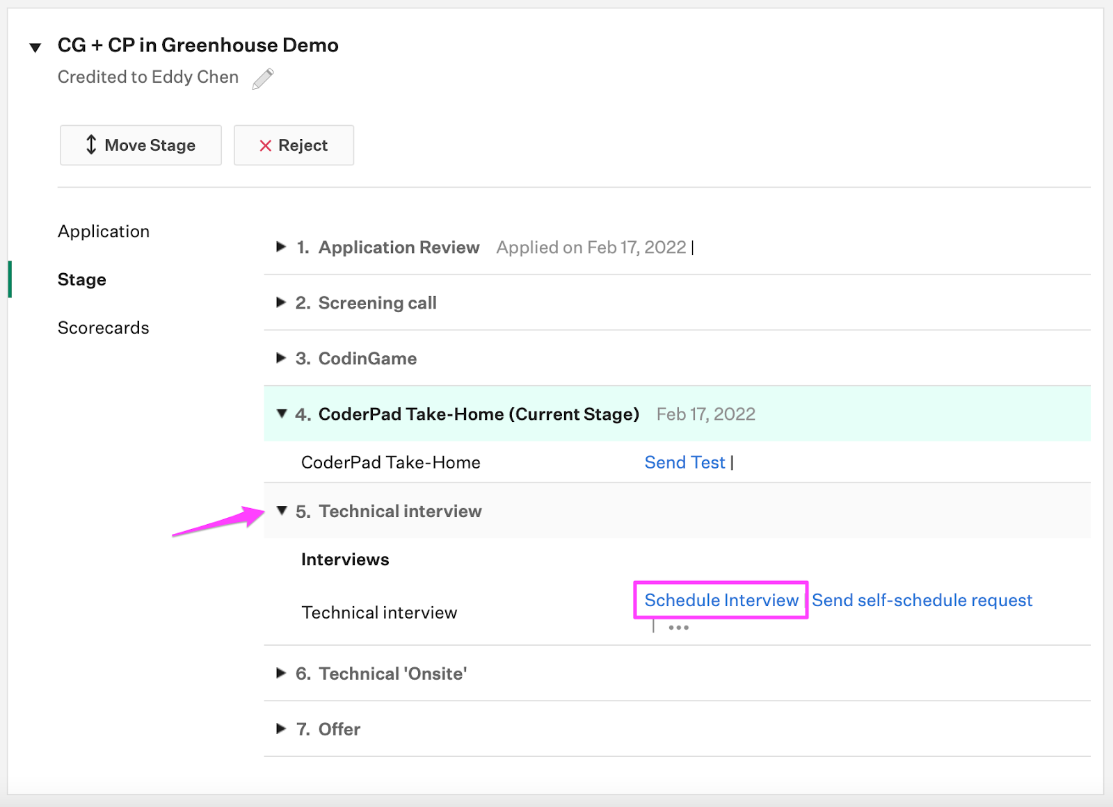 The stage tab in the left nav menu is selected. An arrow is pointing to stage #5, "Technical interview" and the "Schedule interview" option has been highlighted.