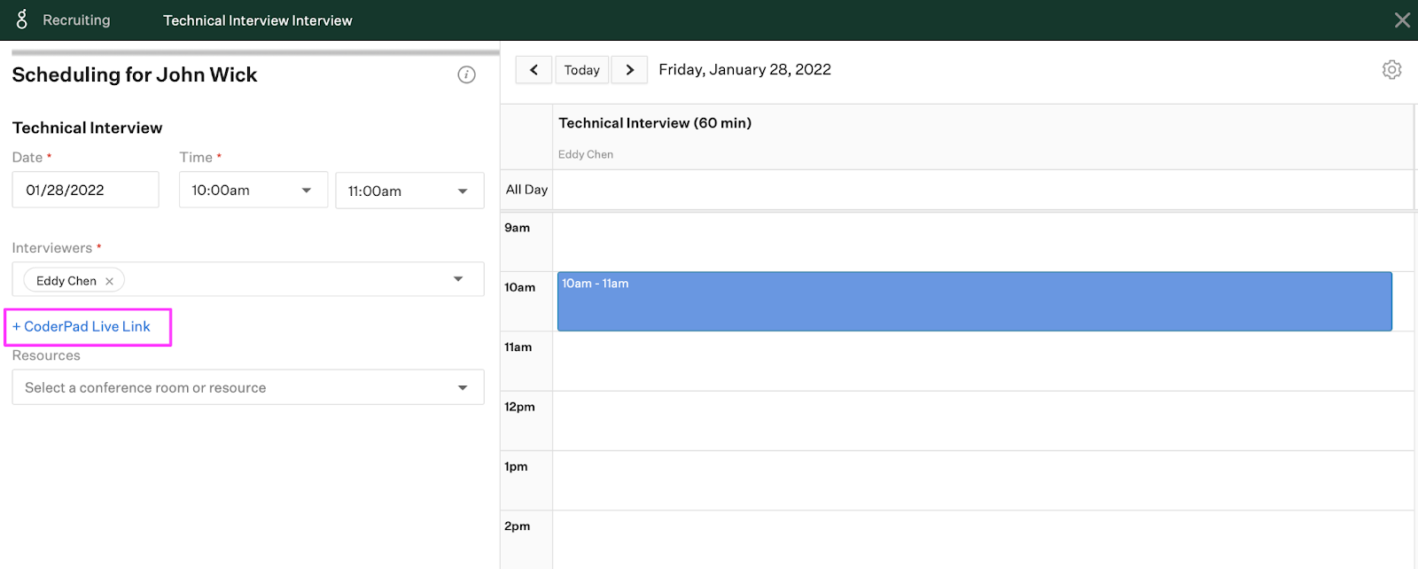 The scheduling window for the candidate is shown and the "+CoderPad live link" option is highlighted on the left of the page.