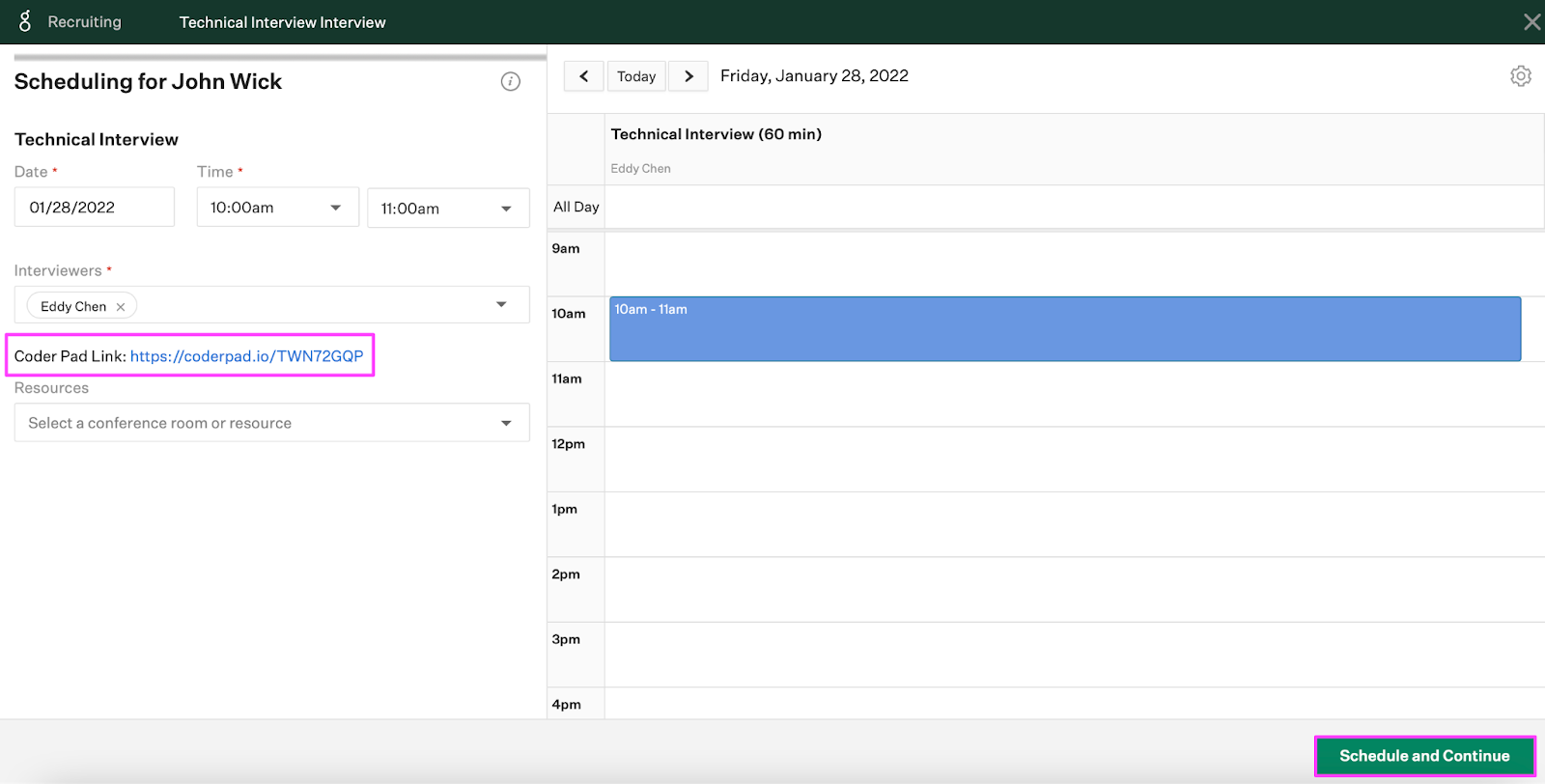 The scheduling window for the candidate is shown and the "+CoderPad live link" has been generated and is displayed on the left of the screen.