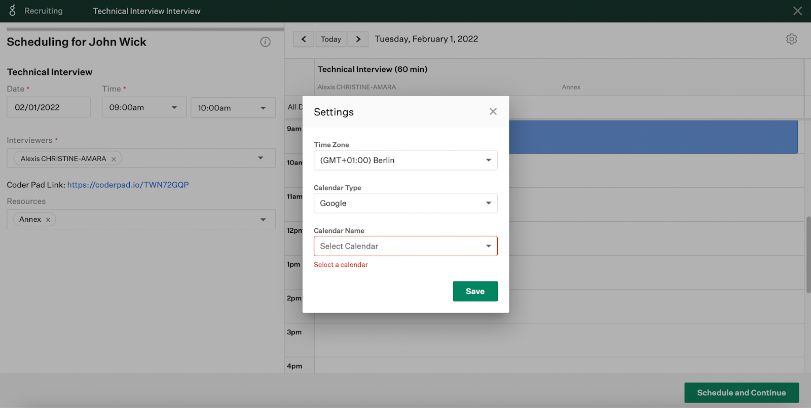 The calendar settings confirmation window -- time zone, calendar type, and calendar name.