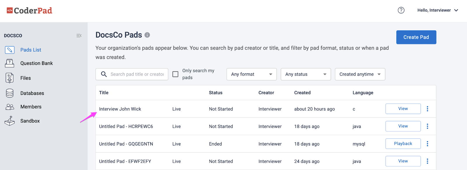 CoderPad dashboard with the pads list shown and the newly created interview pad added to the top of the list.
