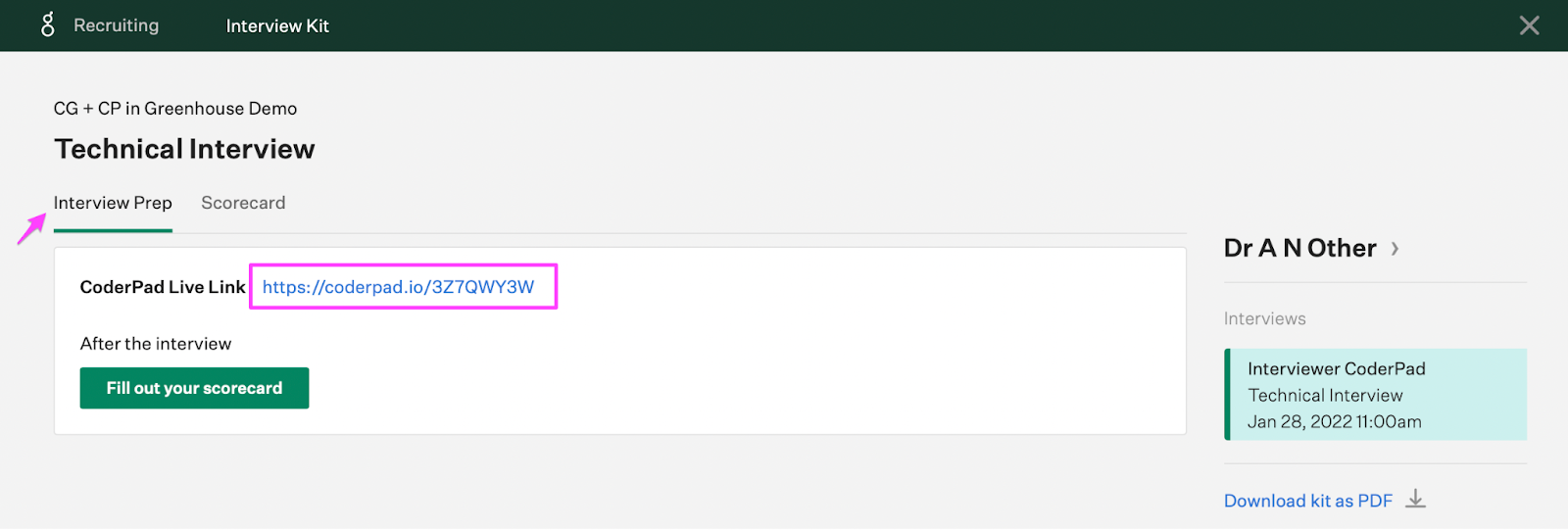 On the "Technical interview" page the "interview prep" tab is selected and the coderpad live link is highlighted.