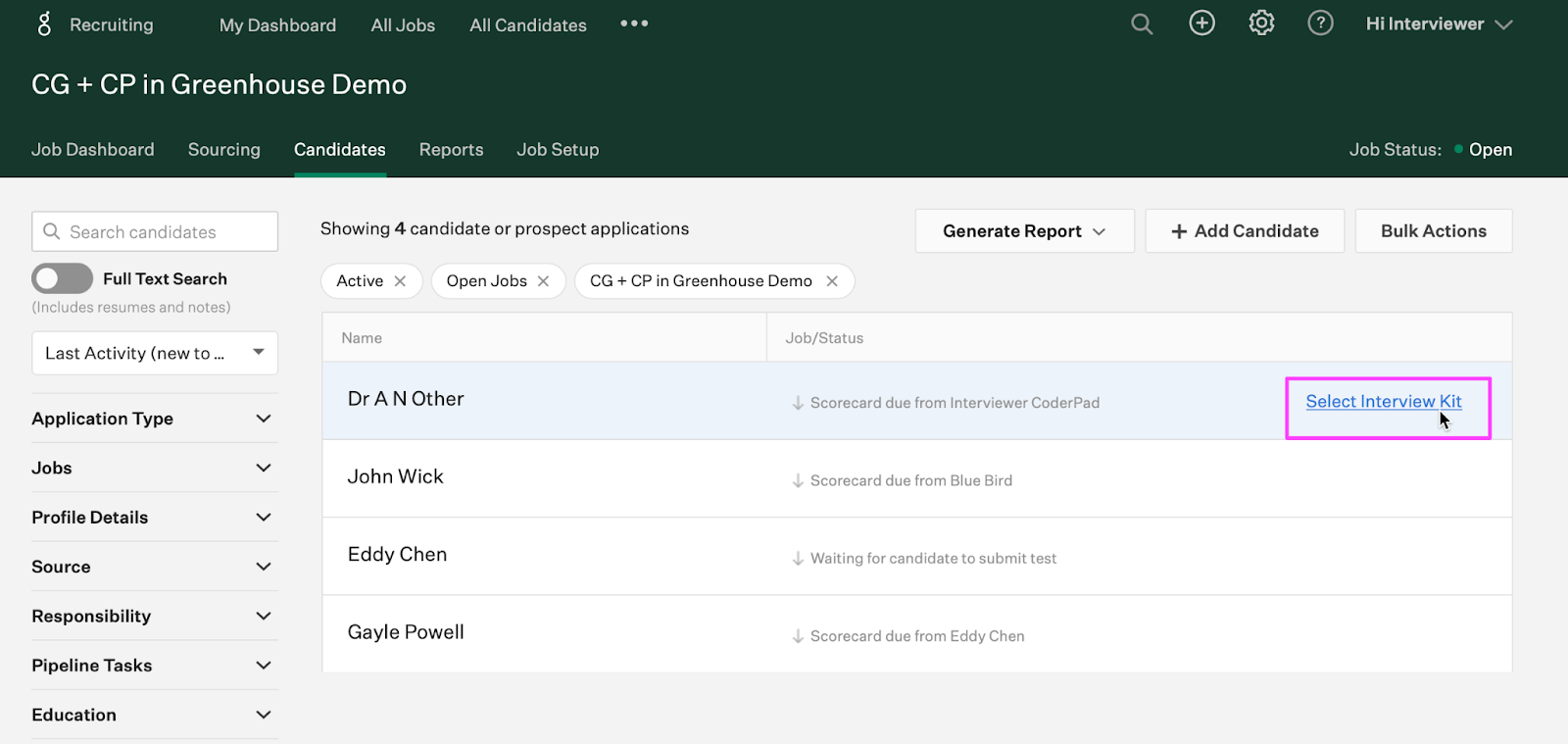 The job page is shown and the candidate list is displaced. Next to one candidate the "select interview kit" link is highlighted.