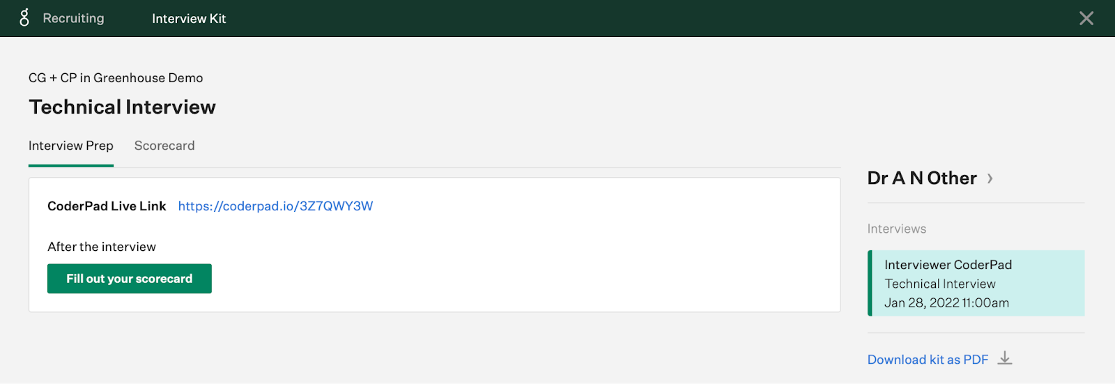 The technical interview page is shown and the interview prep tab is selected. Underneath the coderpad live link is available to copy.