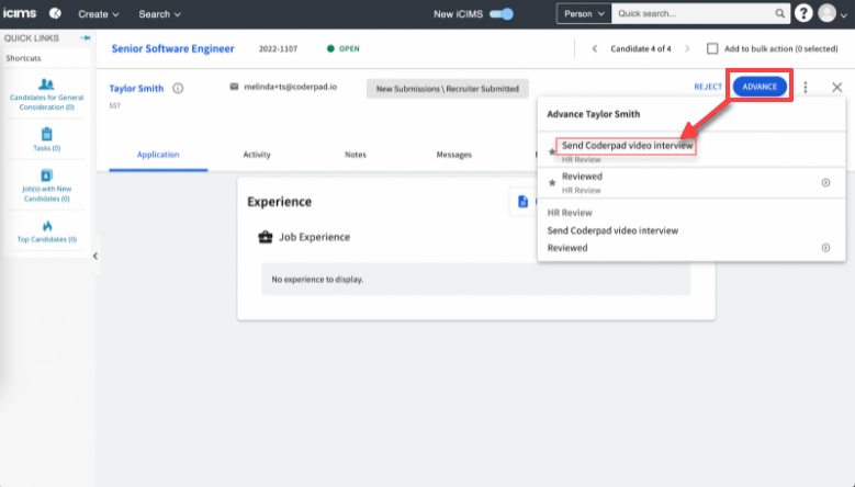 A candidate is shown on a job role page. The advance button is highlighted in the top right of the screen, and the "send coderpad video interview" option is highlighted.