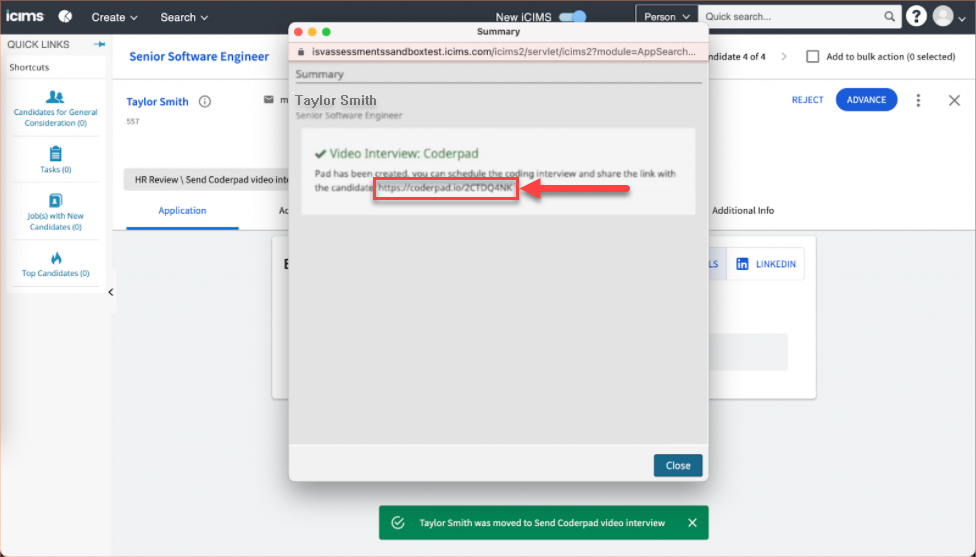 A summary for a candidate is shown and the link to the live interview pad is highlighted.