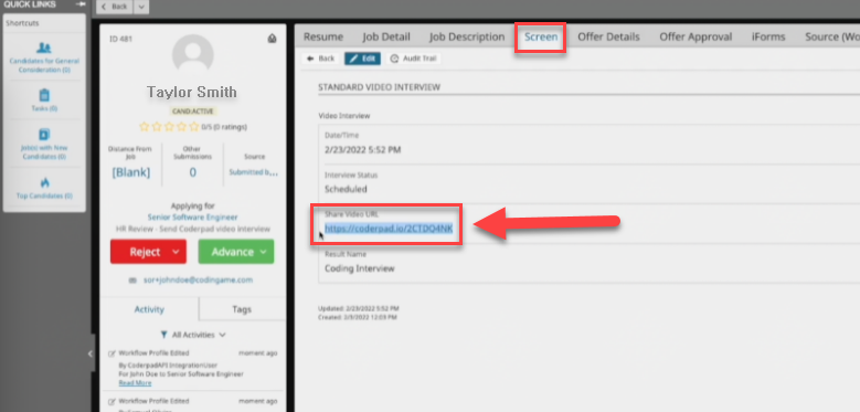 On the screen tab of a candidate there is an arrow pointing to the "share video url" field.