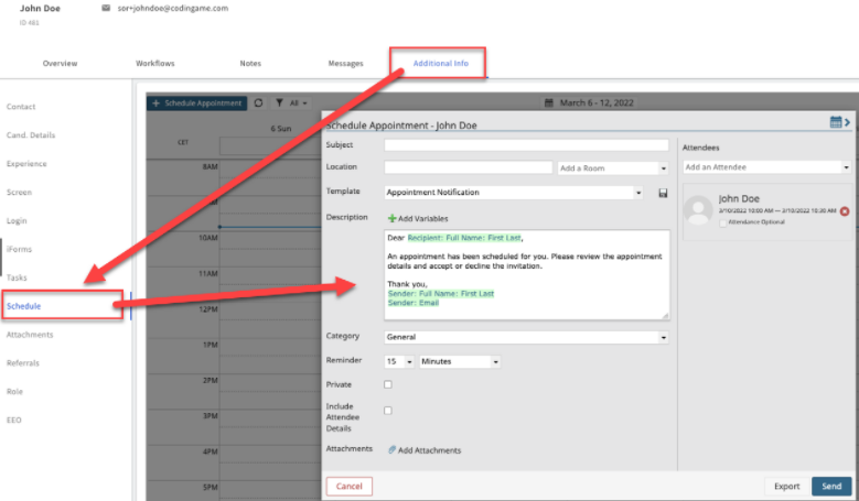 The additional info tab is selected at the top and the schedule tab is selected in the left nav. The schedule appointment window is displayed.