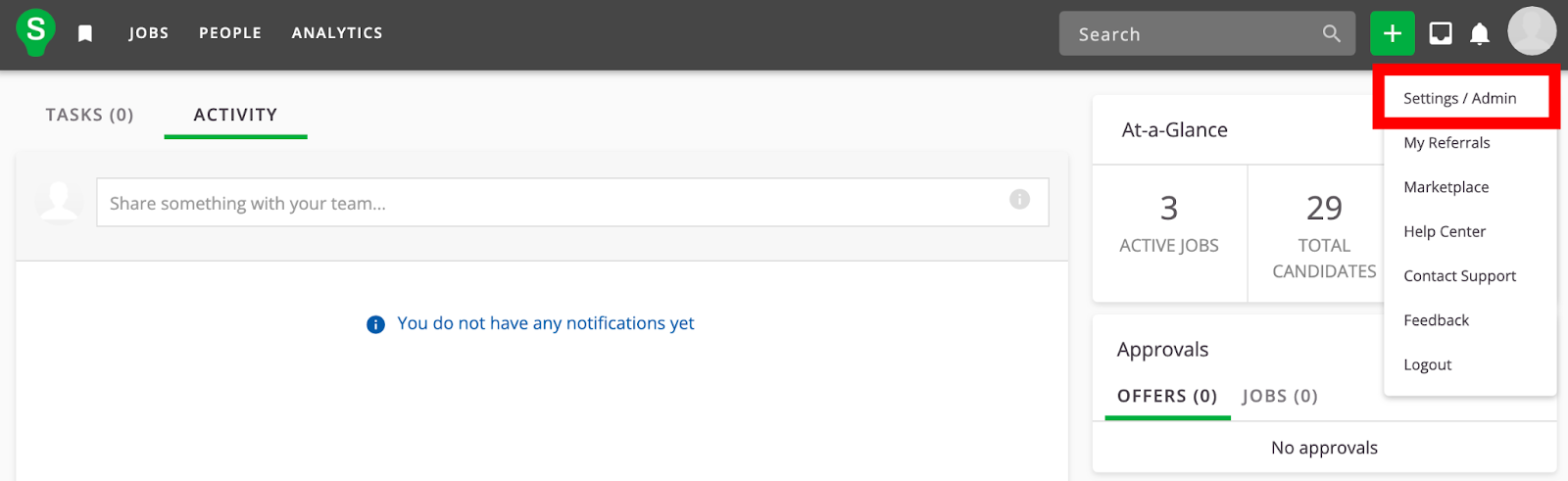 smartrecruiters dashboard with the "settings/admin" menu item highlighted in the top right of the screen.