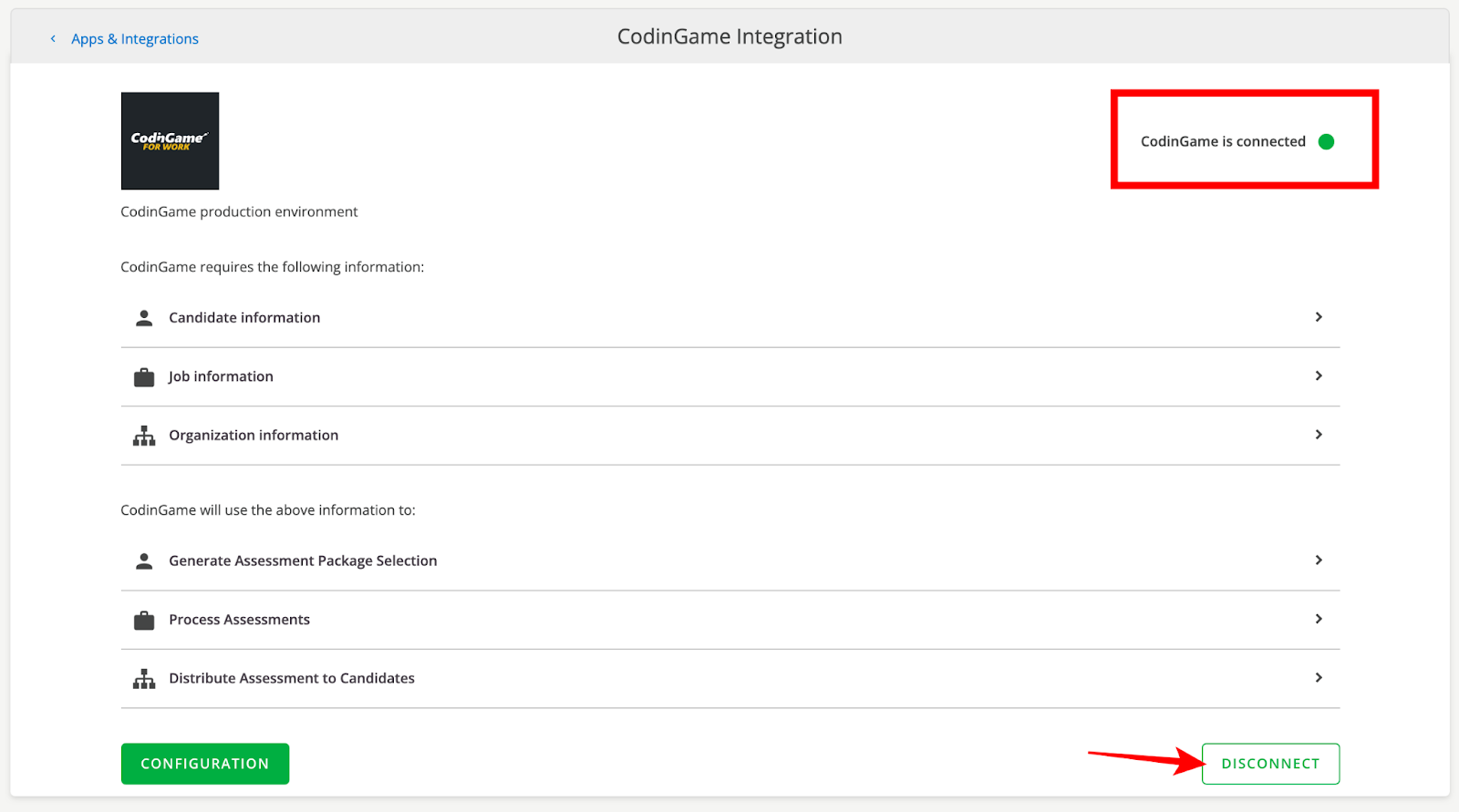 Screen Integration page in smartrecuriters with text that says "codingame screen is connected" next to a green circle in the top right. in the bottom right an arrow points to the "disconnect" button.