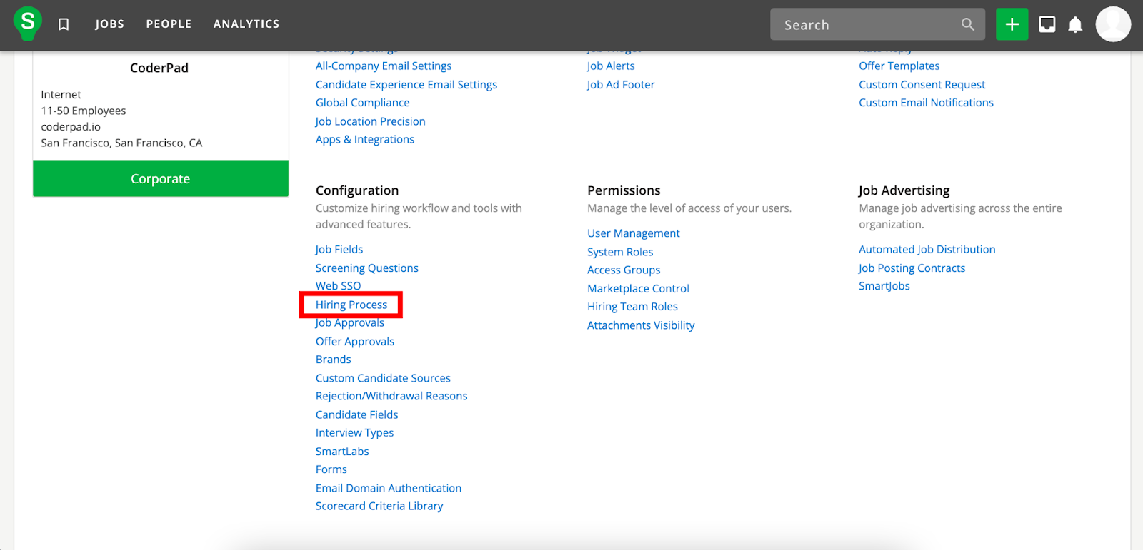 The settings screen in smartrecuiters with the "hiring process" link highlighted.