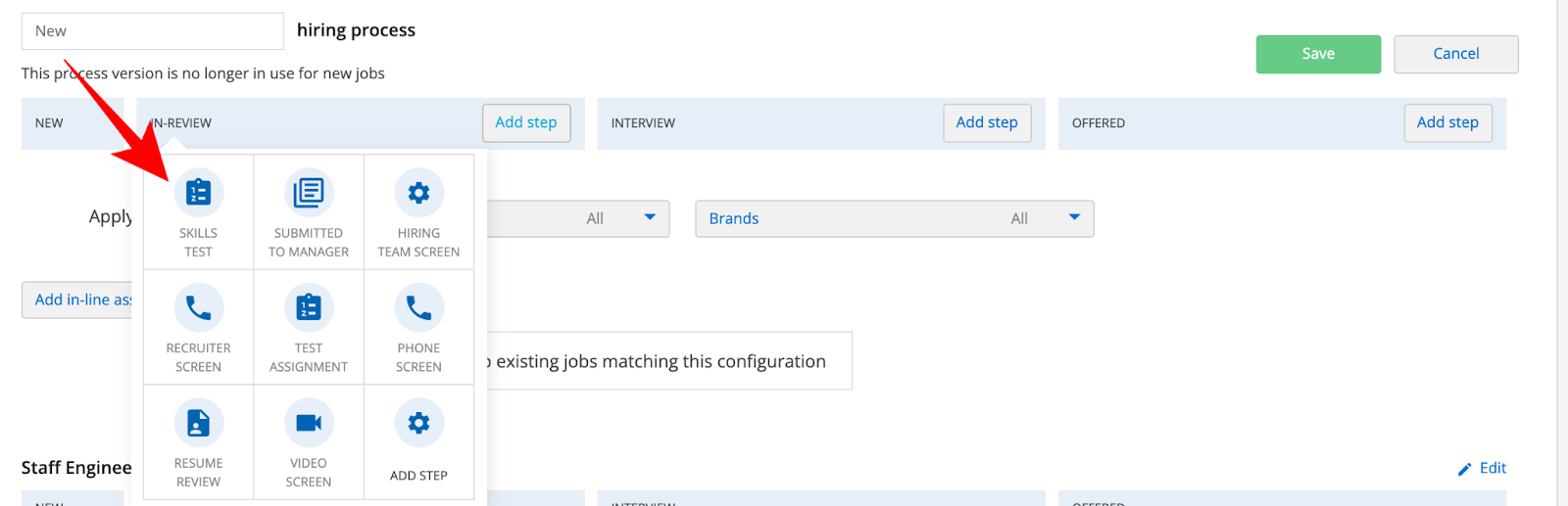 Hiring process screen with the grid menu displayed and and arrow pointing toward the "skills test" item.