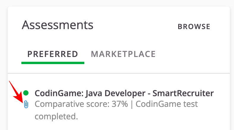 A completed candidate test result displayed in smartrecruiters with an arrow pointing towards the paperclip.