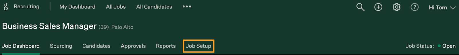 Greenhouse dashboard with the "job setup" tab highlighted.
