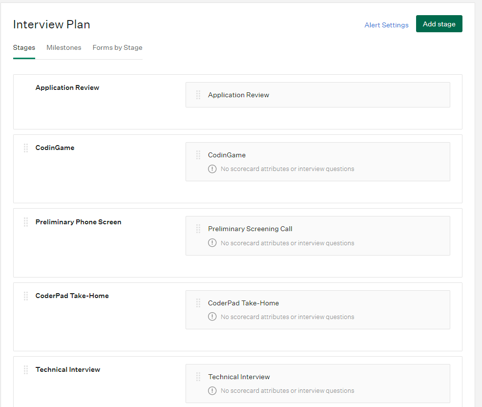 Interview plan screen with "application review" as the first step followed by "codingame" as the next step and then other subsequent steps.