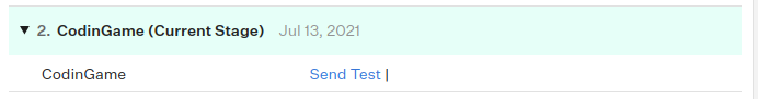 CodinGame stage section with "Send test" as the status.