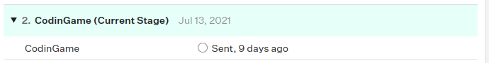 CodinGame stage section with "Sent, 9 days ago" as the status.