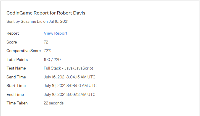 A report for a candidate with a link to view the report, the score, comparative score, total points, test name, send time, start time, end time, and time taken fields displayed.