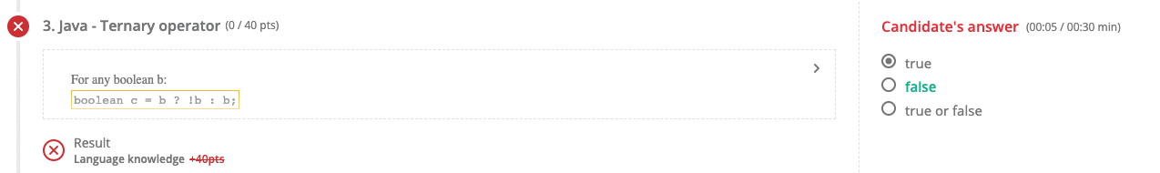 An example of a wrong answer result. There is a red x next to the question title and number at the top, a red x next to the word "result" at the bottom, and on the right it has the answer and the words "candidate's answer" is in red. the correct answer is shown as green.