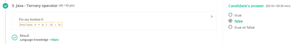 An example of a wrong answer result. There is a green check mark next to the question title and number at the top, a green check next to the word "result" at the bottom", and on the right it has the answer and the words "candidate's answer" is in green. the correct answer is shown as green.