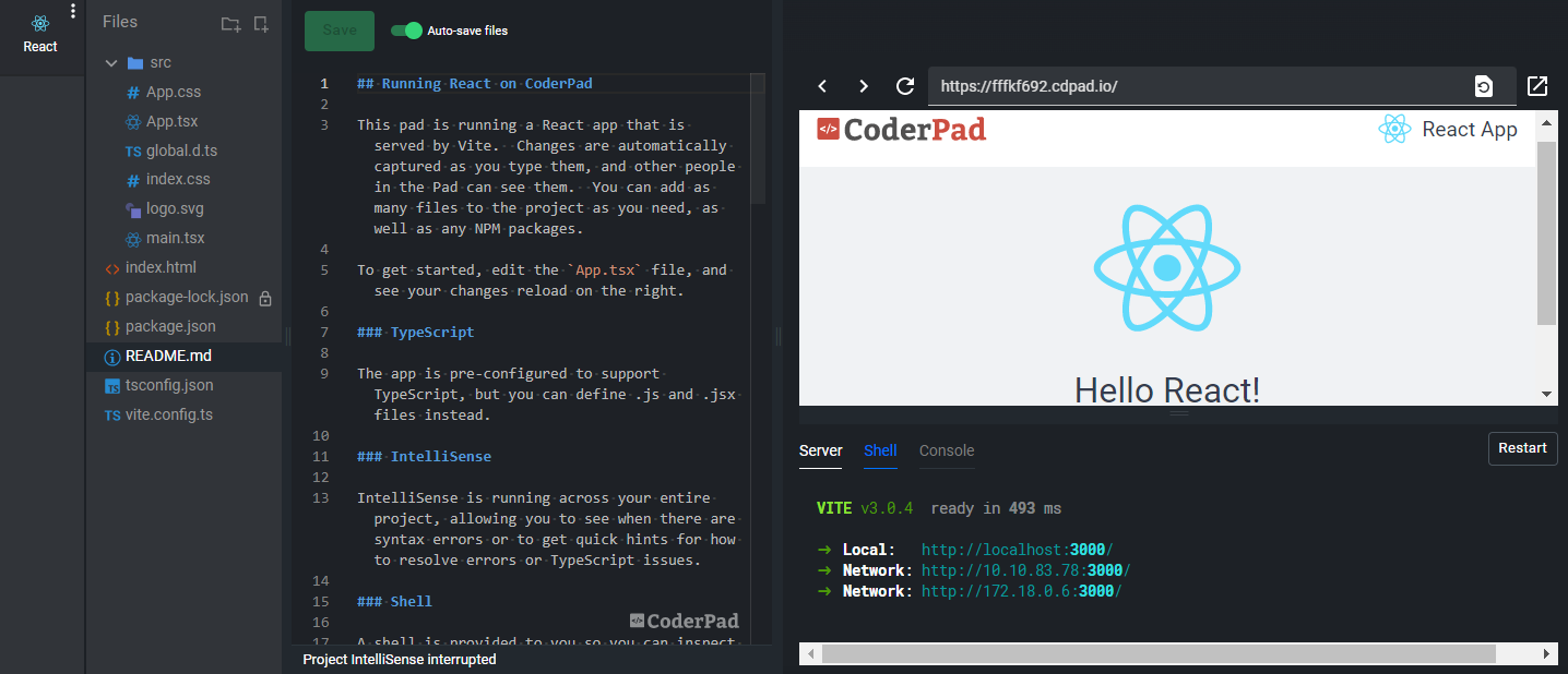 A multifile pad with the file tree on the left, the file contents in the middle, and the rendered output and log console on the right.
