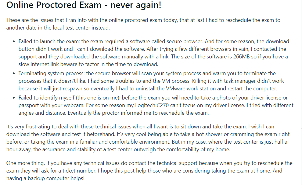 Screenshot of this reddit thread: https://www.reddit.com/r/AWSCertifications/comments/qeumgu/online_proctored_exam_never_again/