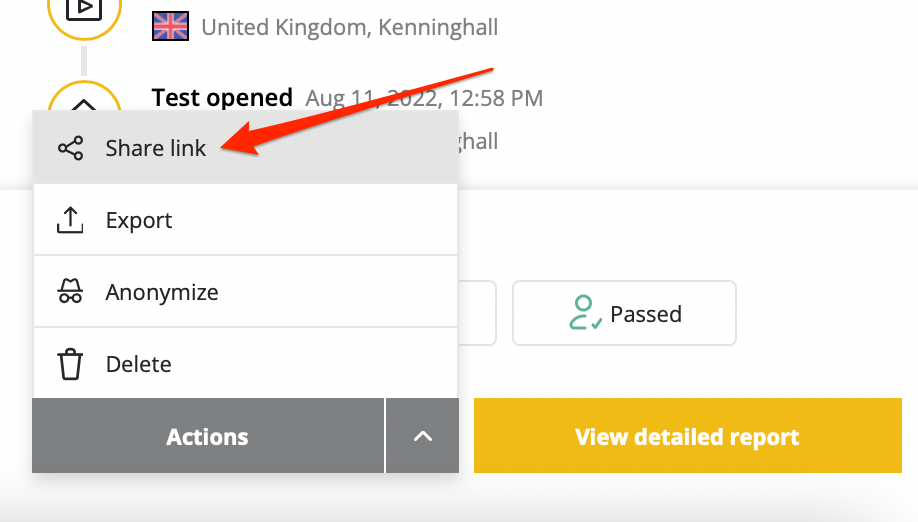 The actions button menu has been clicked and the menu list is displatyed. Share link menu item has a red arrow pointing towards it.