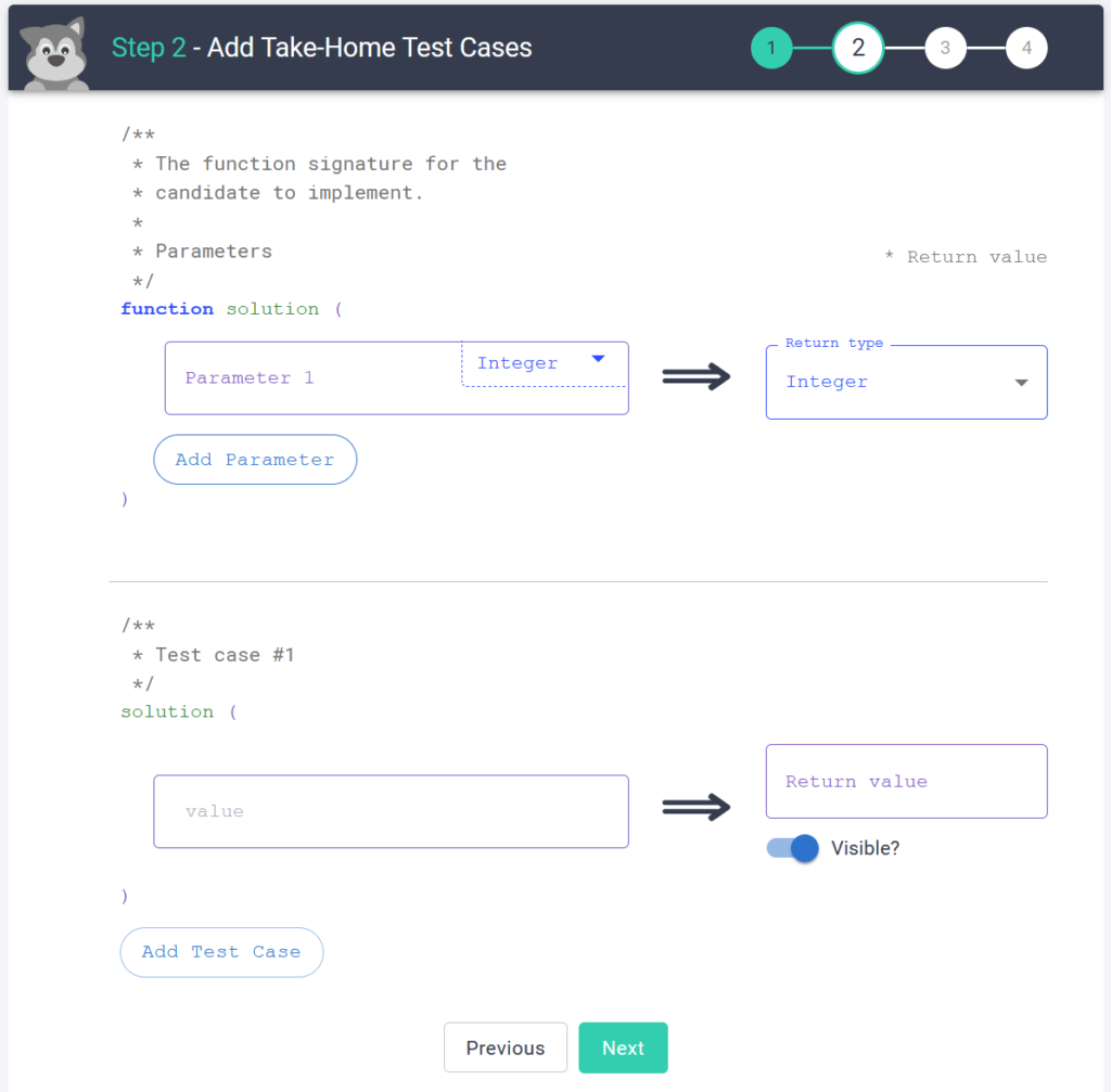 The "add take-home test cases" page. Here you have the option of adding input parameters and desired outputs for test cases.
