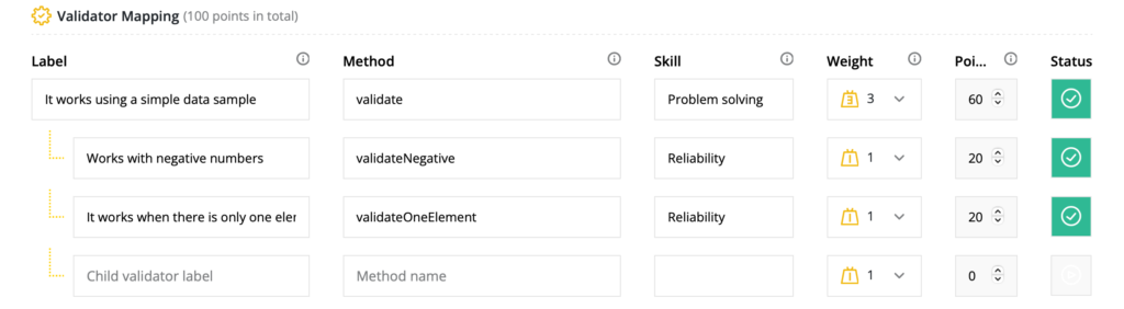 Validator mapping section with label, method, skill, weight, points, and status columns displayed.